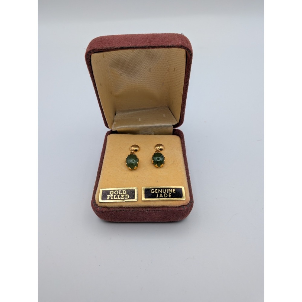 Gold Filled with Genuine Jade Clip On Earrings‎ - Still In Package New In Box